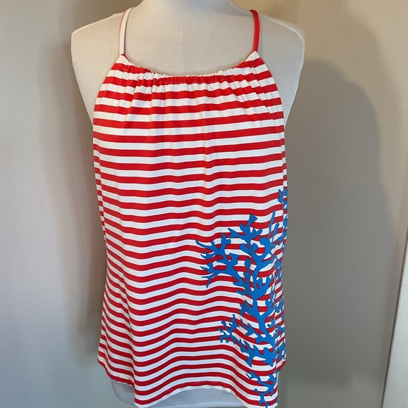 J. McLaughlin Tops - J. McLaughlin Red and White Striped Tank Top with Blue Coral Design